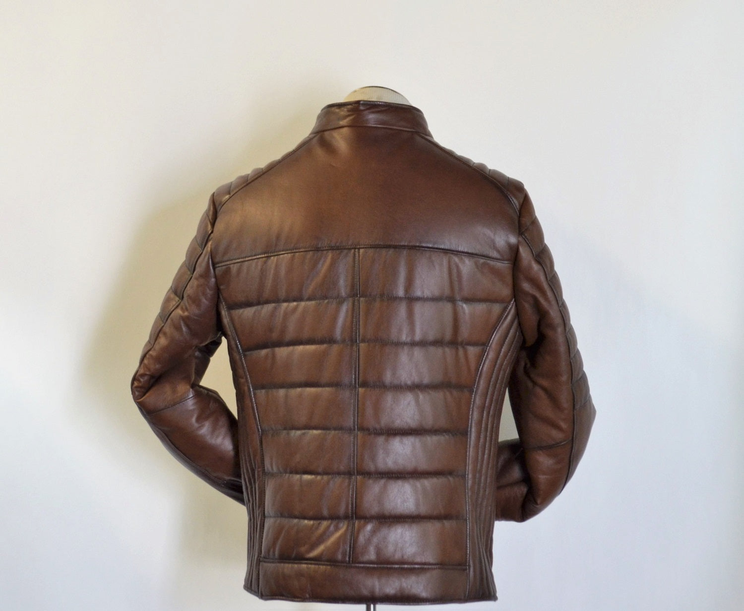 Men Slim Fit Leather Jacket with low stand Collar 