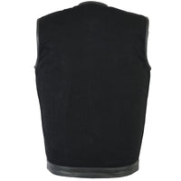 Men's Black Denim Single Vest Leather Trim Collar